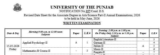 PU ADA ADS Part 2 Annual Exams Revised Date Sheet 2026