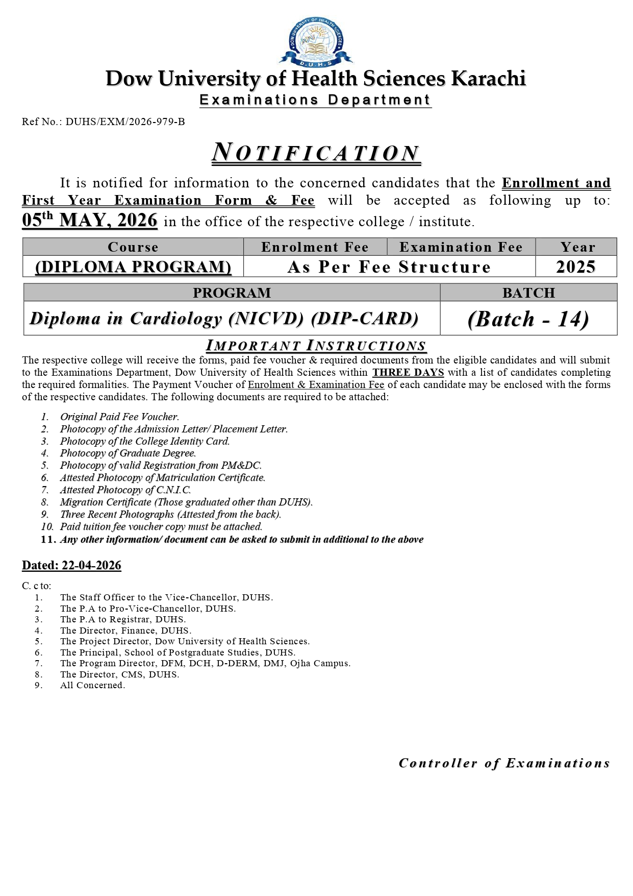 DUHS Exam Form & Fee Notice 2026 for Diploma in Cardiology  Released