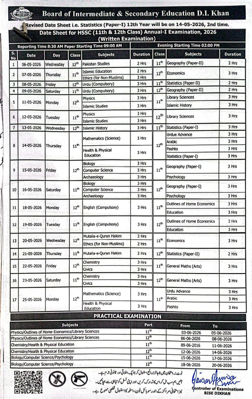 BISE DI Khan HSSC Date Sheet 2026