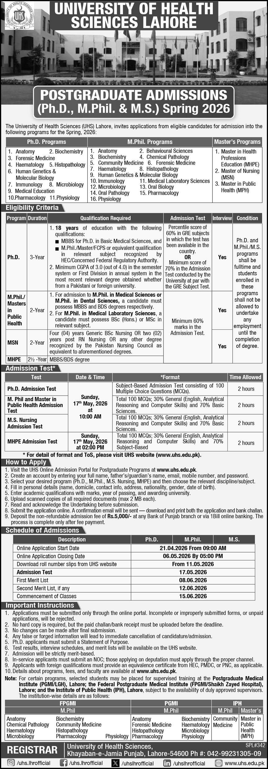 UHS Lahore Postgraduate Admission 2026 Open Apply Now