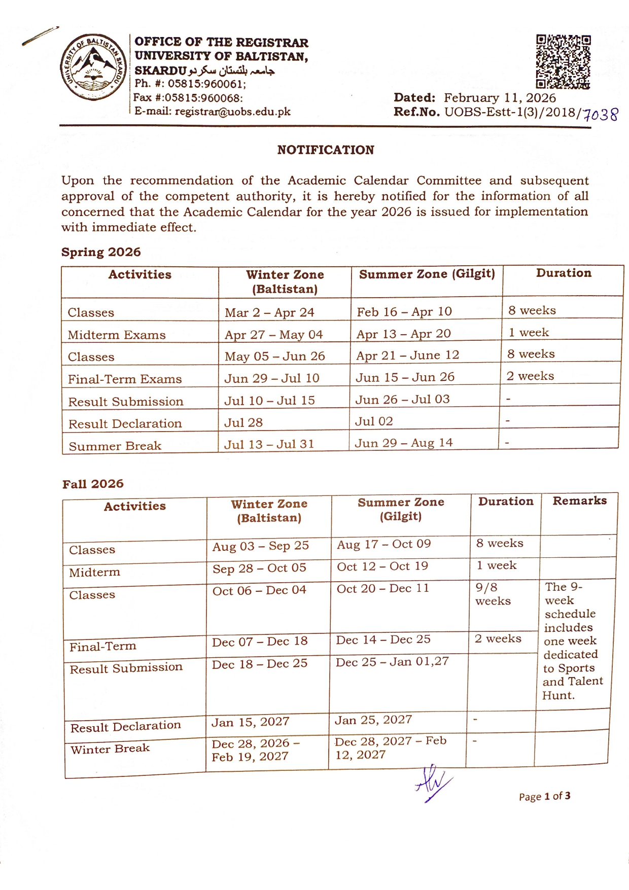 UOBS Academic Calendar 2026 Announced