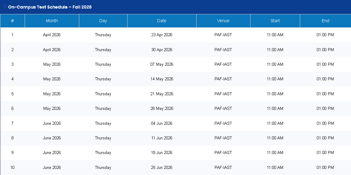 PAFIAST On Campus Test Schedule 2026 for Fall Admissions Announced