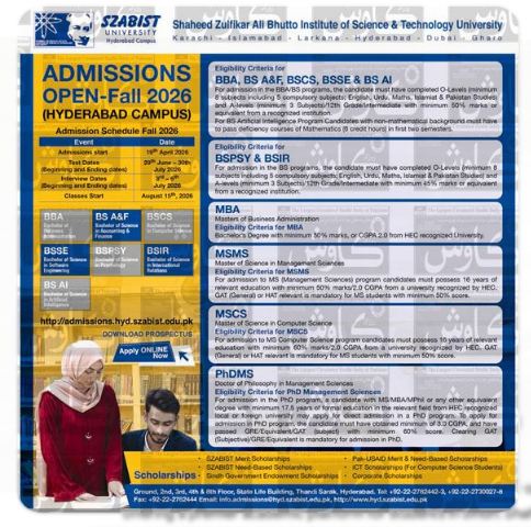 SZABIST Hyderabad Admission 2026 Fall Open Now