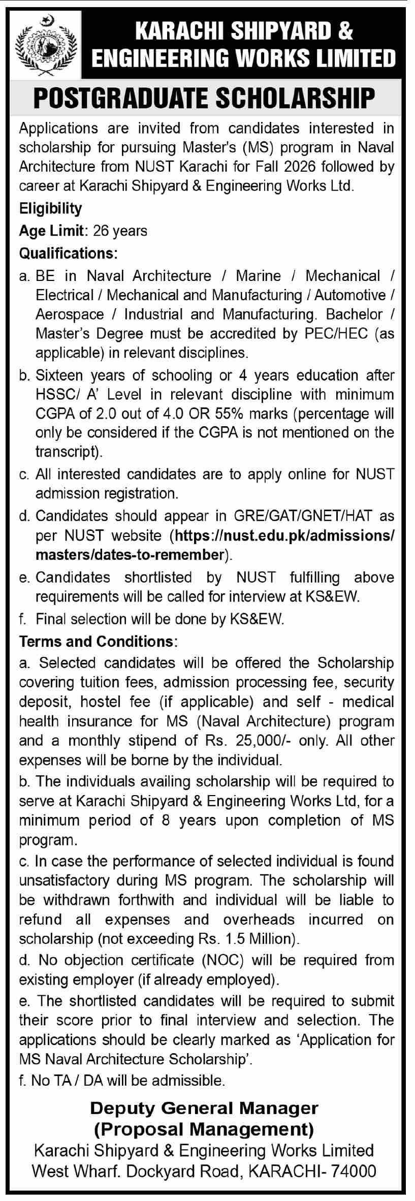 Karachi Shipyard MS Naval Architecture Scholarship 2026