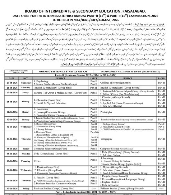 BISE Faisalabad HSSC Date Sheet 2026