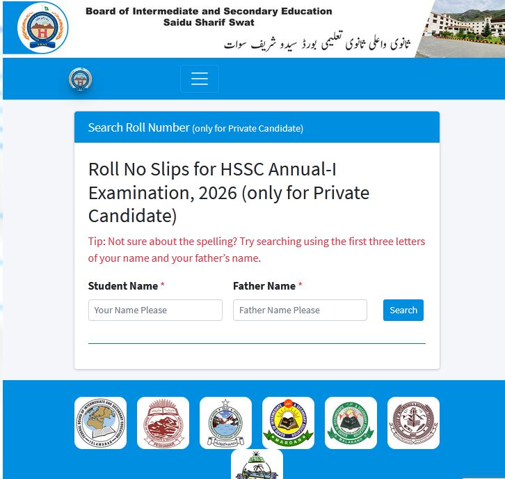 BISE Swat HSSC Roll No Slips 2026