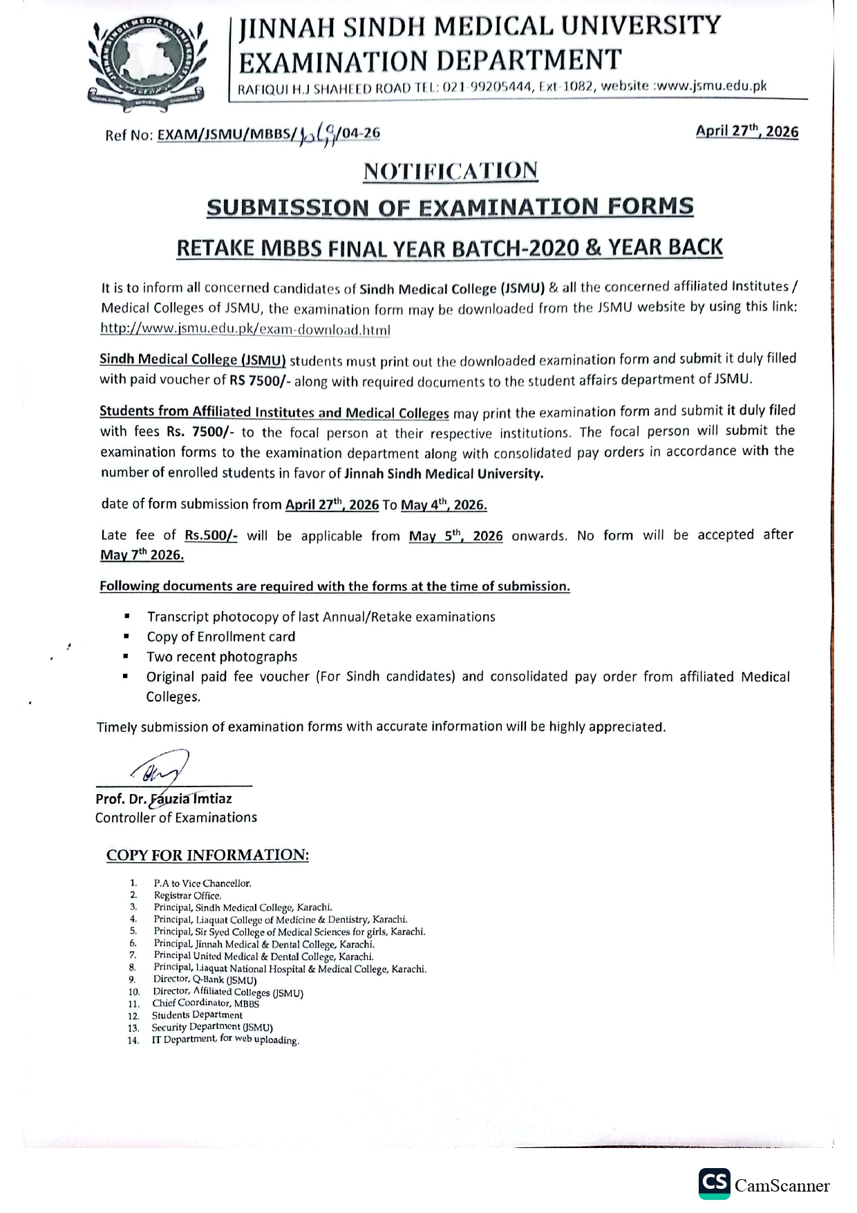 JSMU Exam Form Submission Notice 2026 for MBBS Retake Students Released