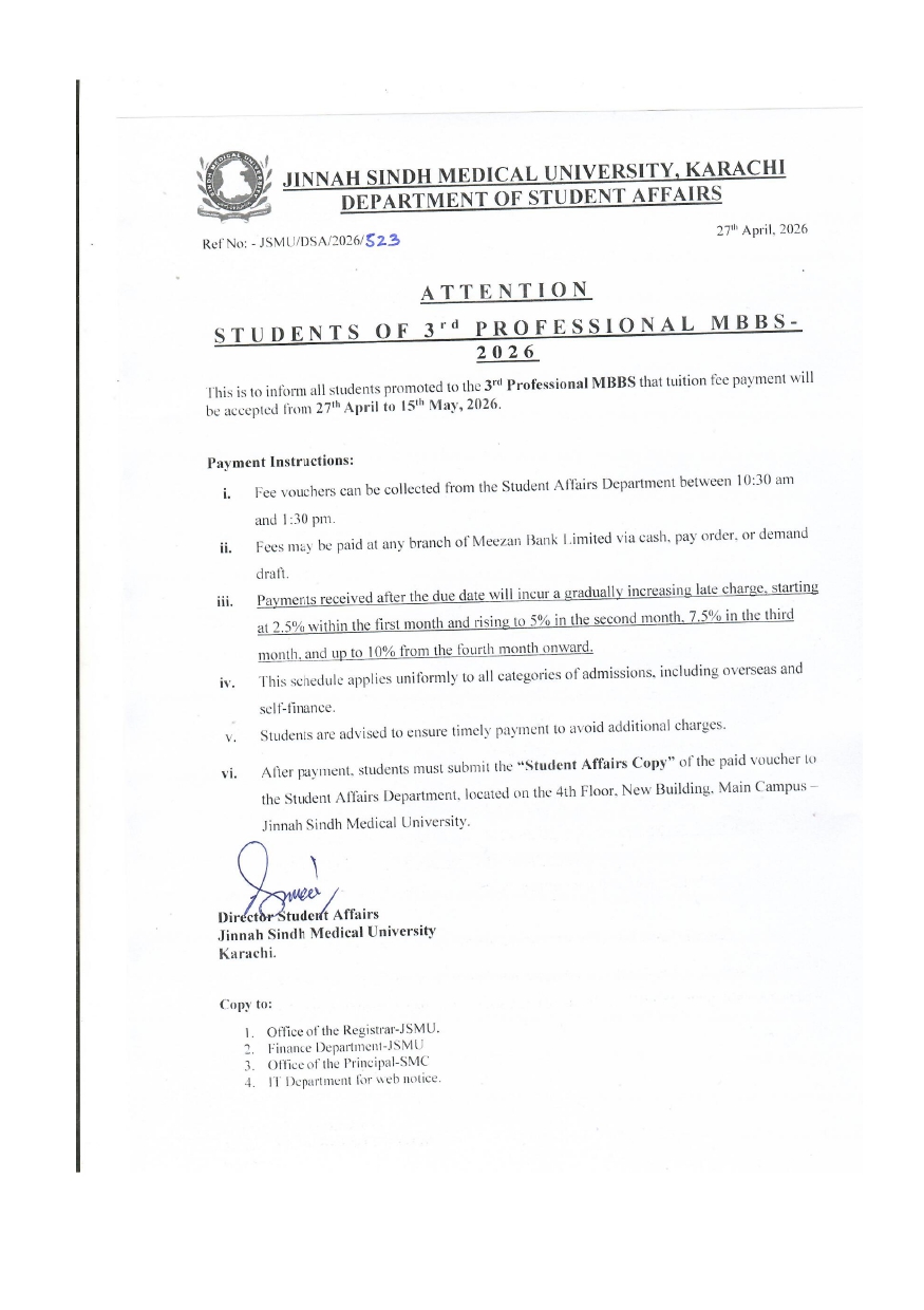 JSMU Fee Notice 2026 for 3rd Prof MBBS Students Released