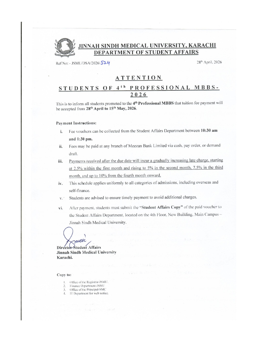 JSMU Announces Fee Notice 2026 for 4th Professional MBBS Students