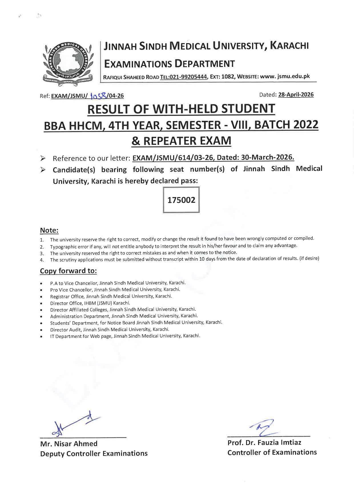 JSMU Withheld Result 2026 for BBA & BBA HHCM Programs Announced