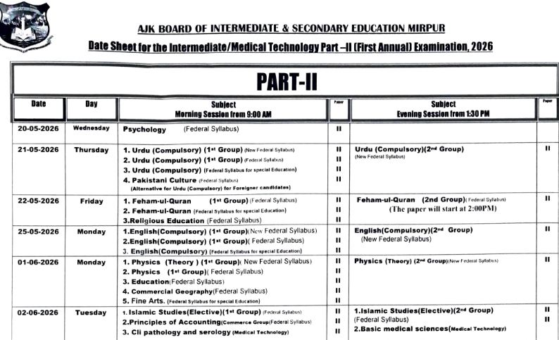 AJKBISE Inter Date Sheet 2026 Official Release Update