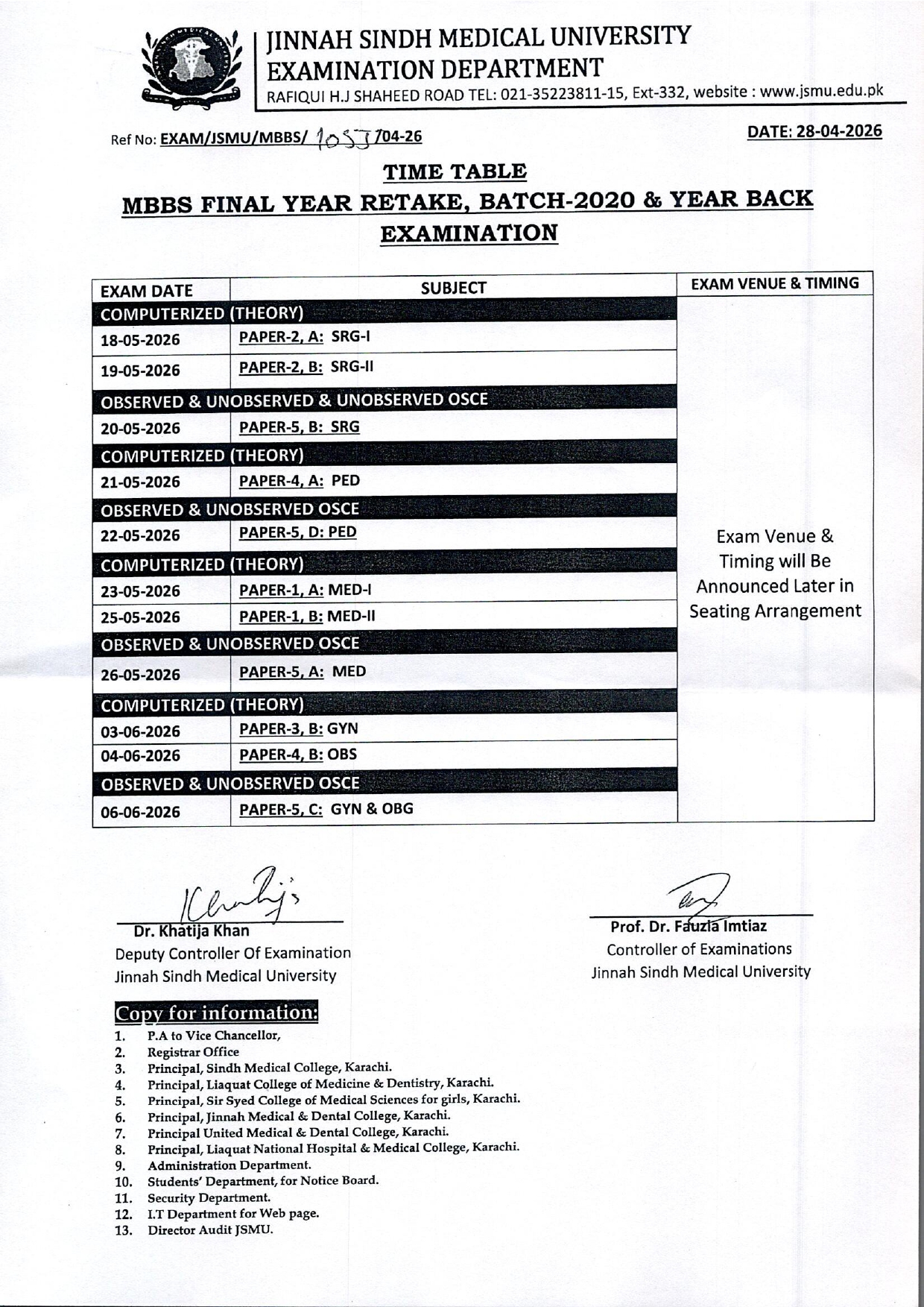 JSMU Time Table 2026 for MBBS Final Year Retake Exams Released