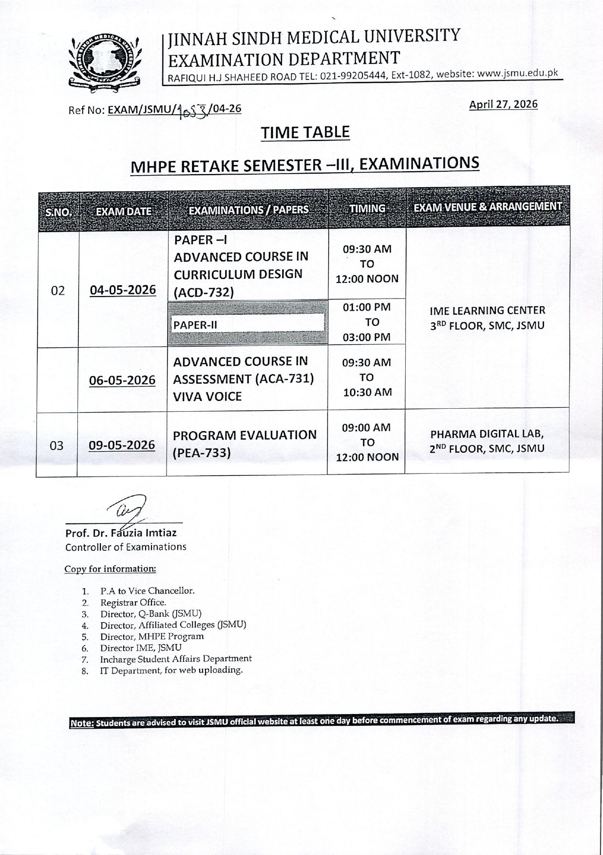 JSMU Time Table 2026 for MHPE Retake Semester III Exams Released