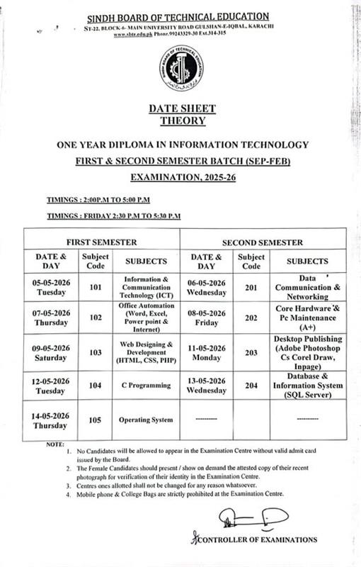 SBTE Karachi DIT 1st and 2nd Semester Date Sheet 2026