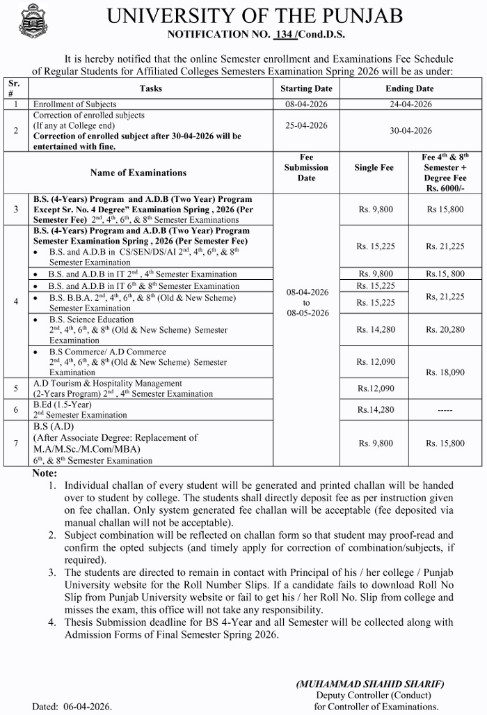 PU Semester Enrollment Extension 2026 For Affiliated Colleges