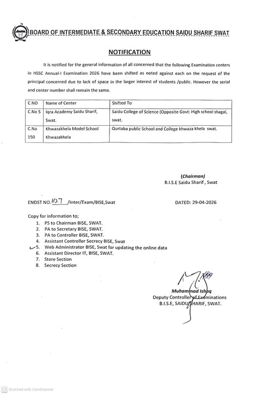 BISE Swat Inter 1st Annual Exams 2026 Change of Exams Centers
