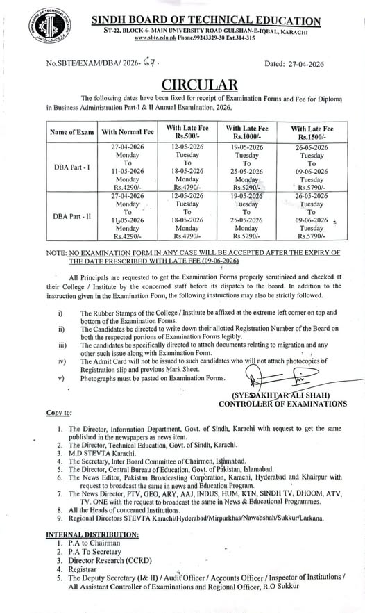 SBTE DBA Annual Exams 2026 Forms Submission Schedule