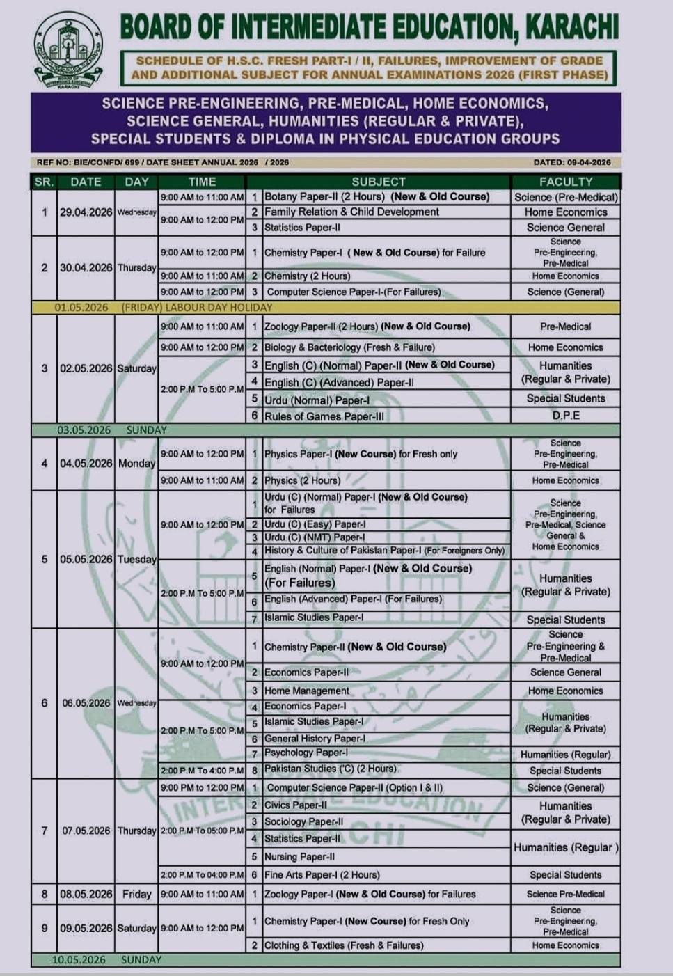BIEK Karachi Inter Exam Date Sheet 2026 Announced