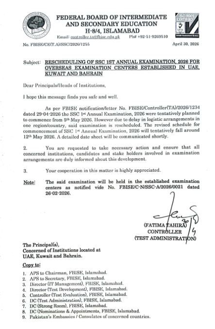 FBISE SSC Annual Exams 2026 Overseas Centers Revised