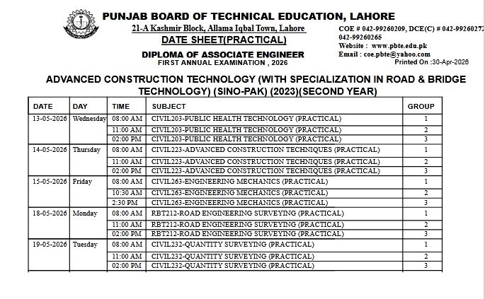 PBTE ACT 2nd Year Practical Exams 2026 Schedule Out Now