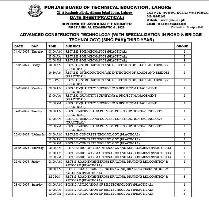 PBTE ACT 3rd Year Practical Date Sheet 2026