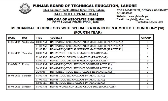 PBTE DAE 4th Year Annual Exams Date Sheet 2026 