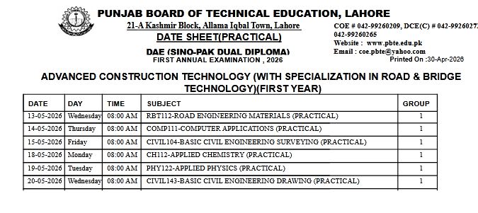 PBTE DAE Sino Pak 1st Year Practical Date Sheet 2026