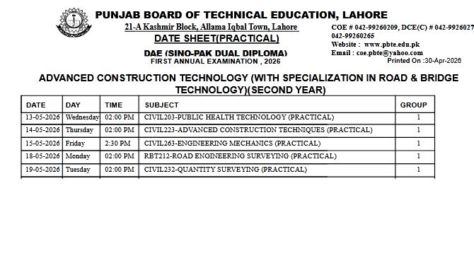 PBTE DAE Sino Pak 2nd Year Practical Date Sheet 2026
