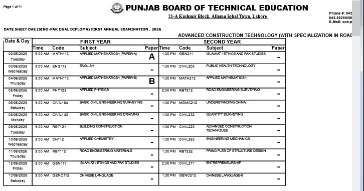 PBTE DAE Sino Pak 1st Annual Exam Date Sheet 2026 Out