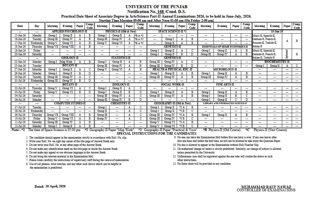 PU ADA ADS Part 2 Annual Practical Date Sheet 2026