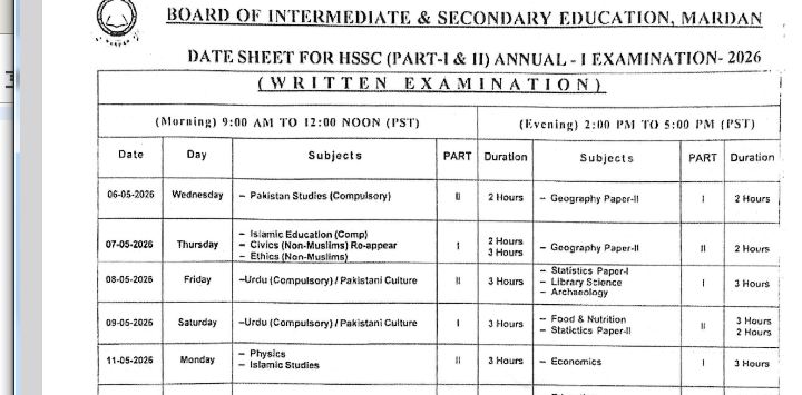 BISE Mardan HSSC Inter Date Sheet 2026 Released