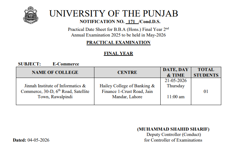 PU BBA Hons Final Year 2nd Annual Exams 2025 Practical Date Sheet