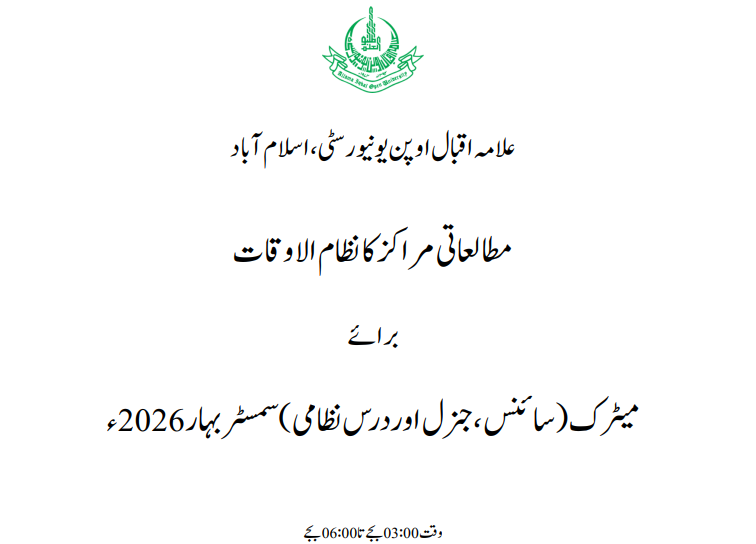 AIOU Matric Spring Semester 2026 Study Centers Timetable