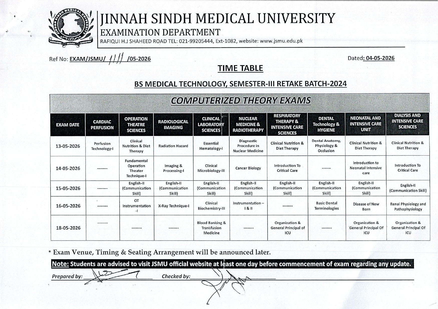 JSMU Date Sheet 2026 Released for BSMT Program Exams