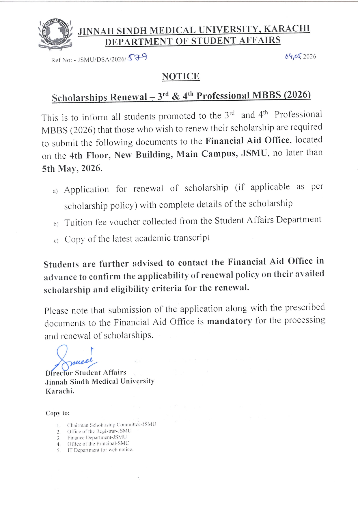 JSMU Scholarship Renewal Notice 2026 for MBBS Students Announced