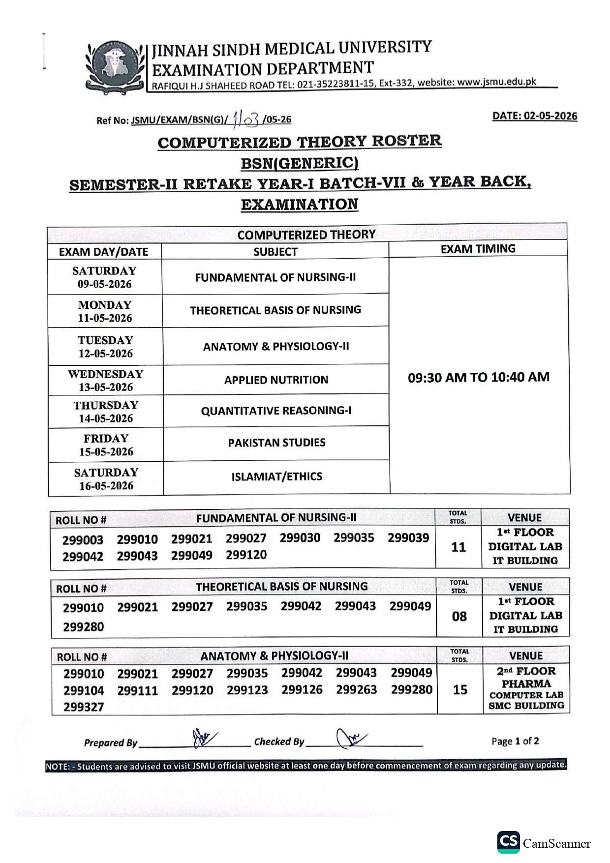 JSMU Time Table 2026 Released for BSN Generic Exams