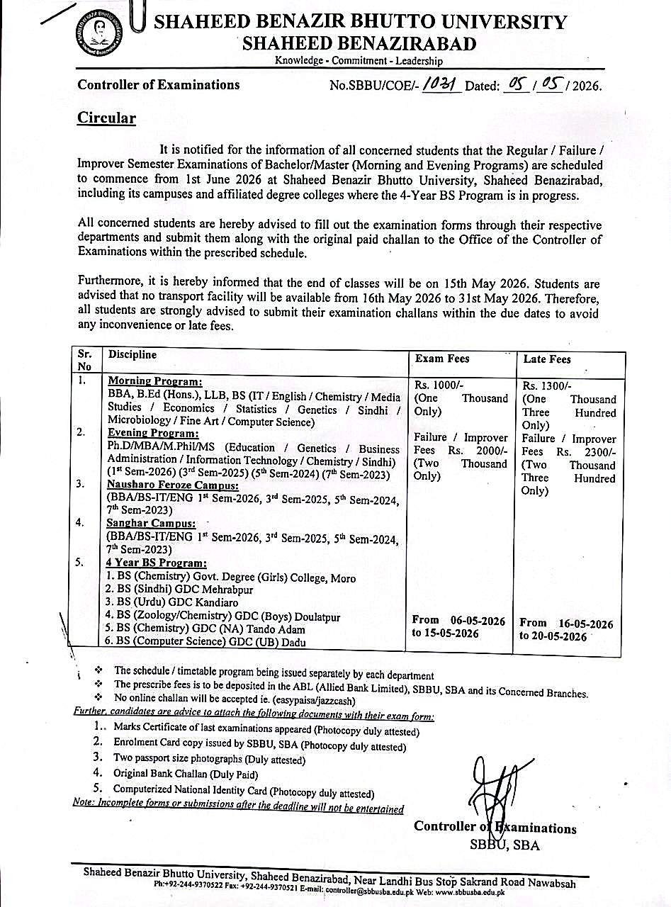 SBBU Exam Notice 2026 Released for Bachelor & Master Programs