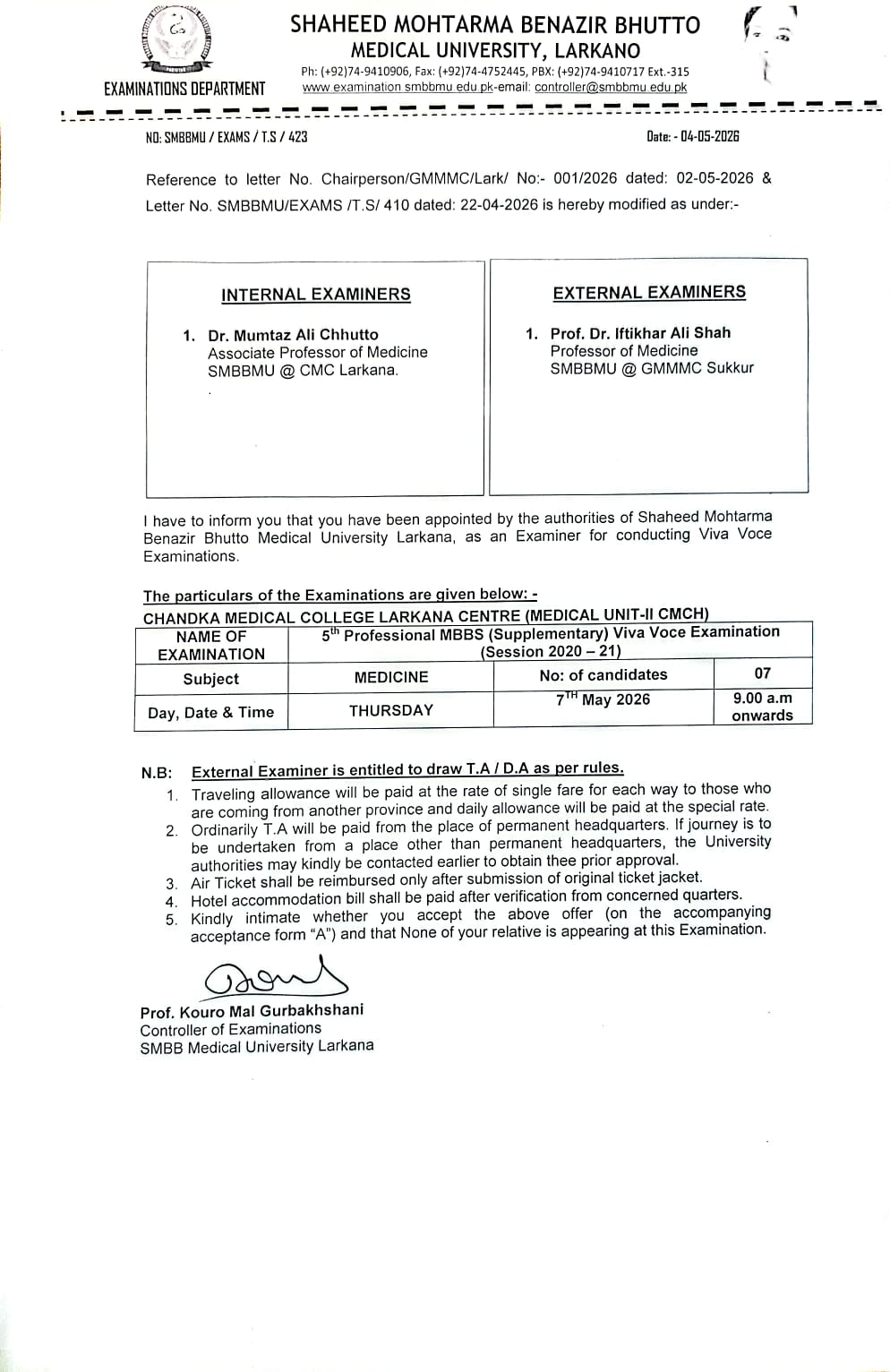 SMBBMU 5th Prof MBBS Supplementary Viva Voce Exam Schedule 2026 Announced
