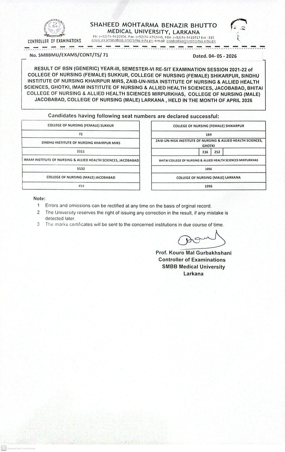 SMBBMU Result 2026 for BSN Generic Year III Semester VI Exams