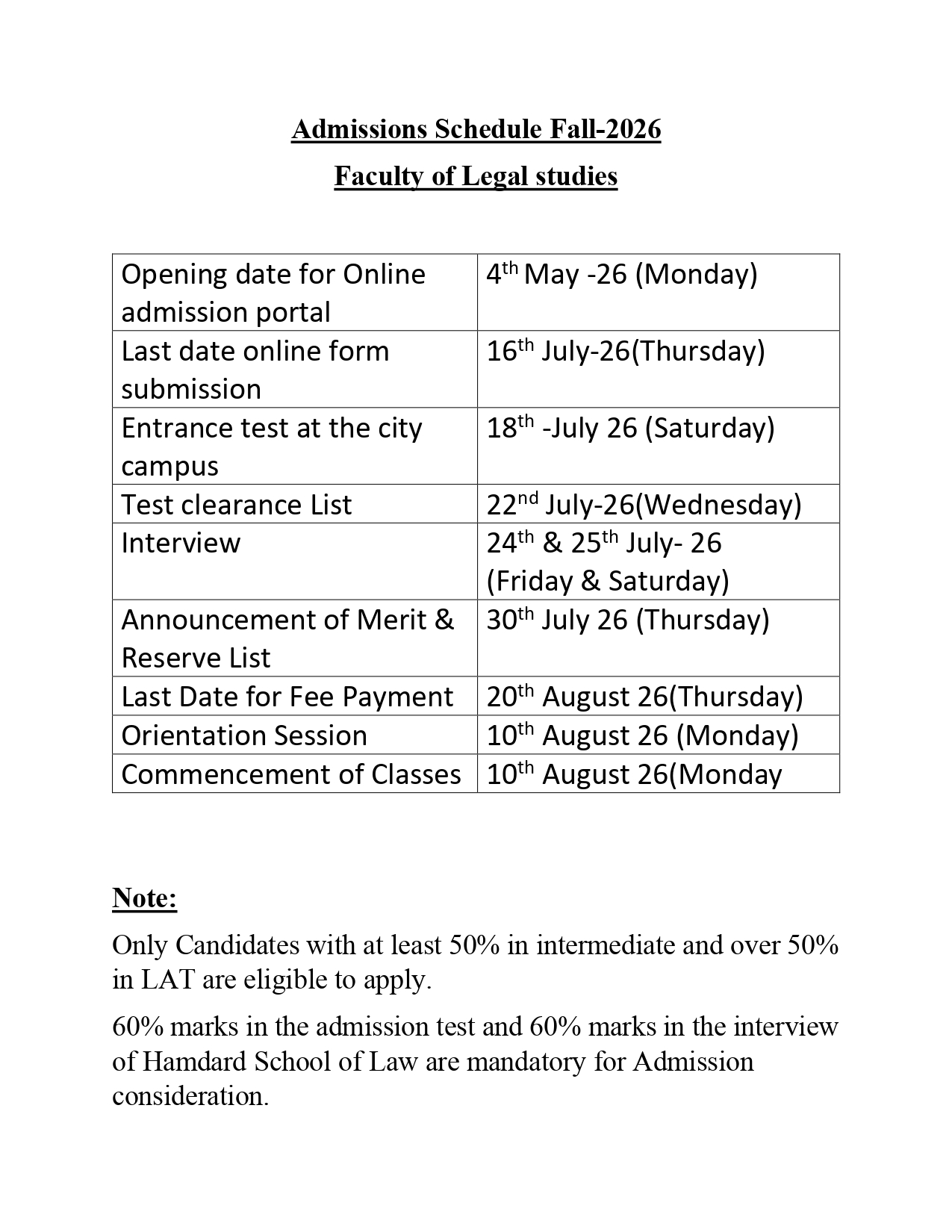 HU Admission Schedule Fall 2026 for Faculty of Legal Studies Announced