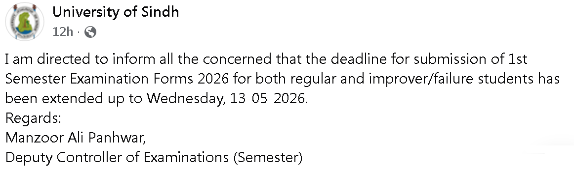 USindh Exam Form Submission Deadline Notice 2026 Issued