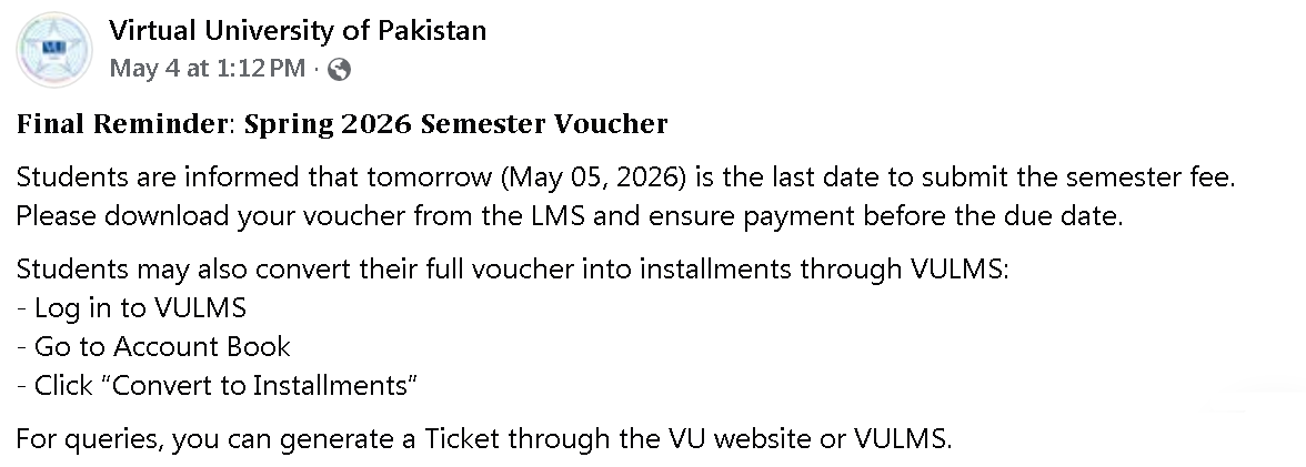 VU Fee Notice 2026 Final Deadline Alert for Students Released