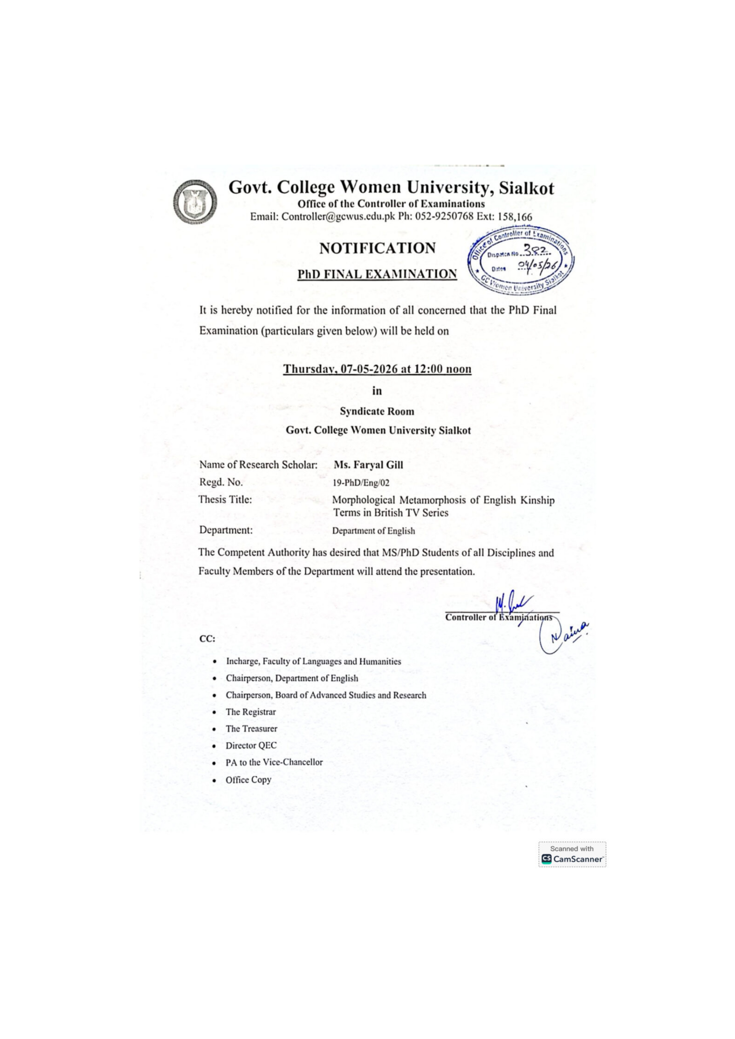 GCWUS Exam Schedule 2026 for PhD Final Examination Released