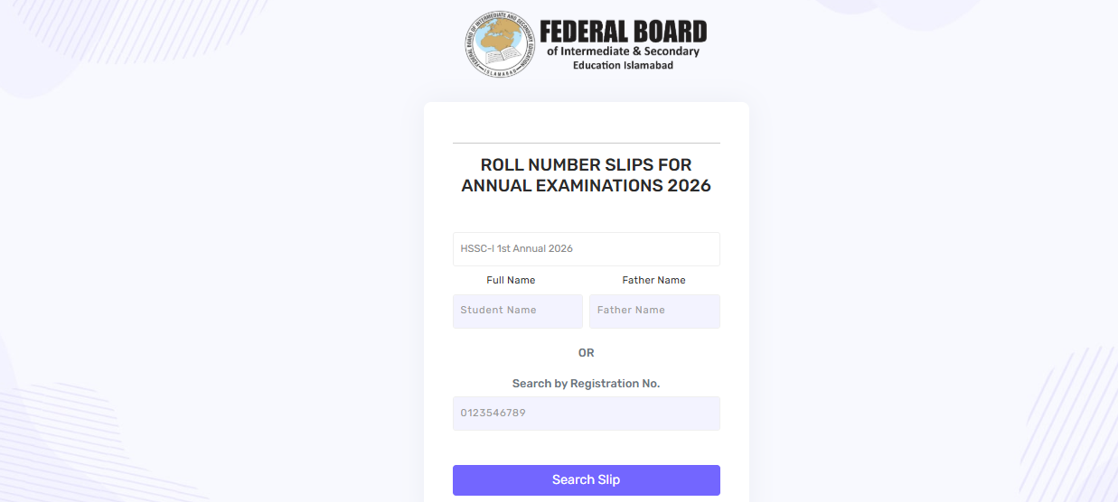 FBISE Inter 1st Annual Exams 2026 Roll No Slips for Private Students