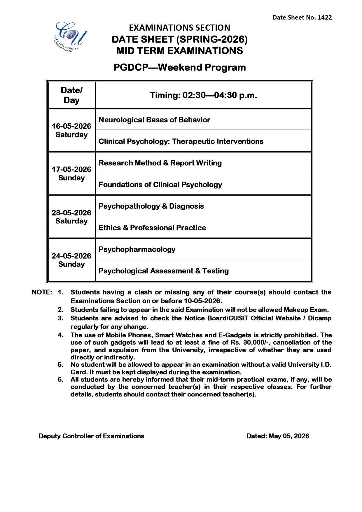 CUSIT Date Sheet 2026 Released for PGDCP Mid Term Exams