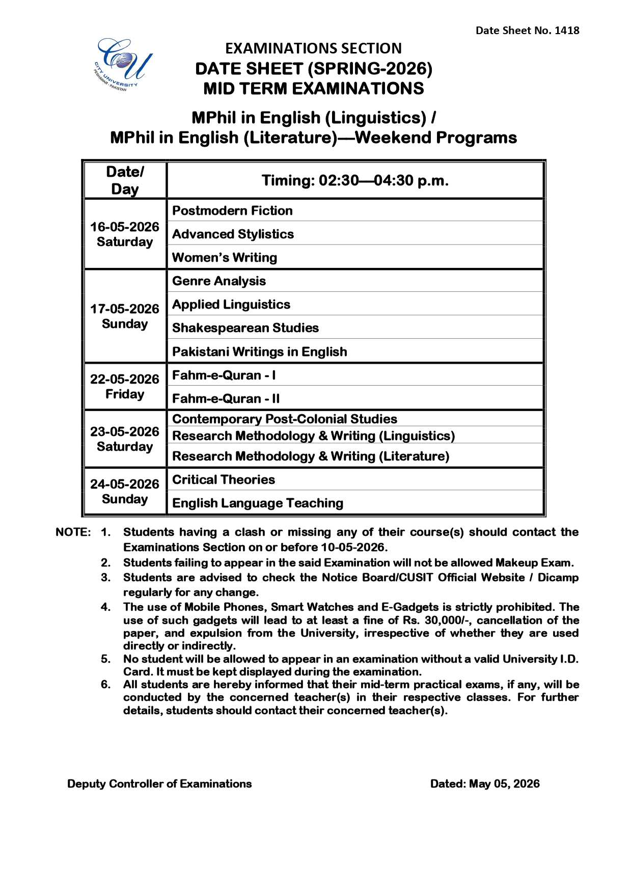 CUSIT Date Sheet 2026 Announced for MPhil Spring Exams
