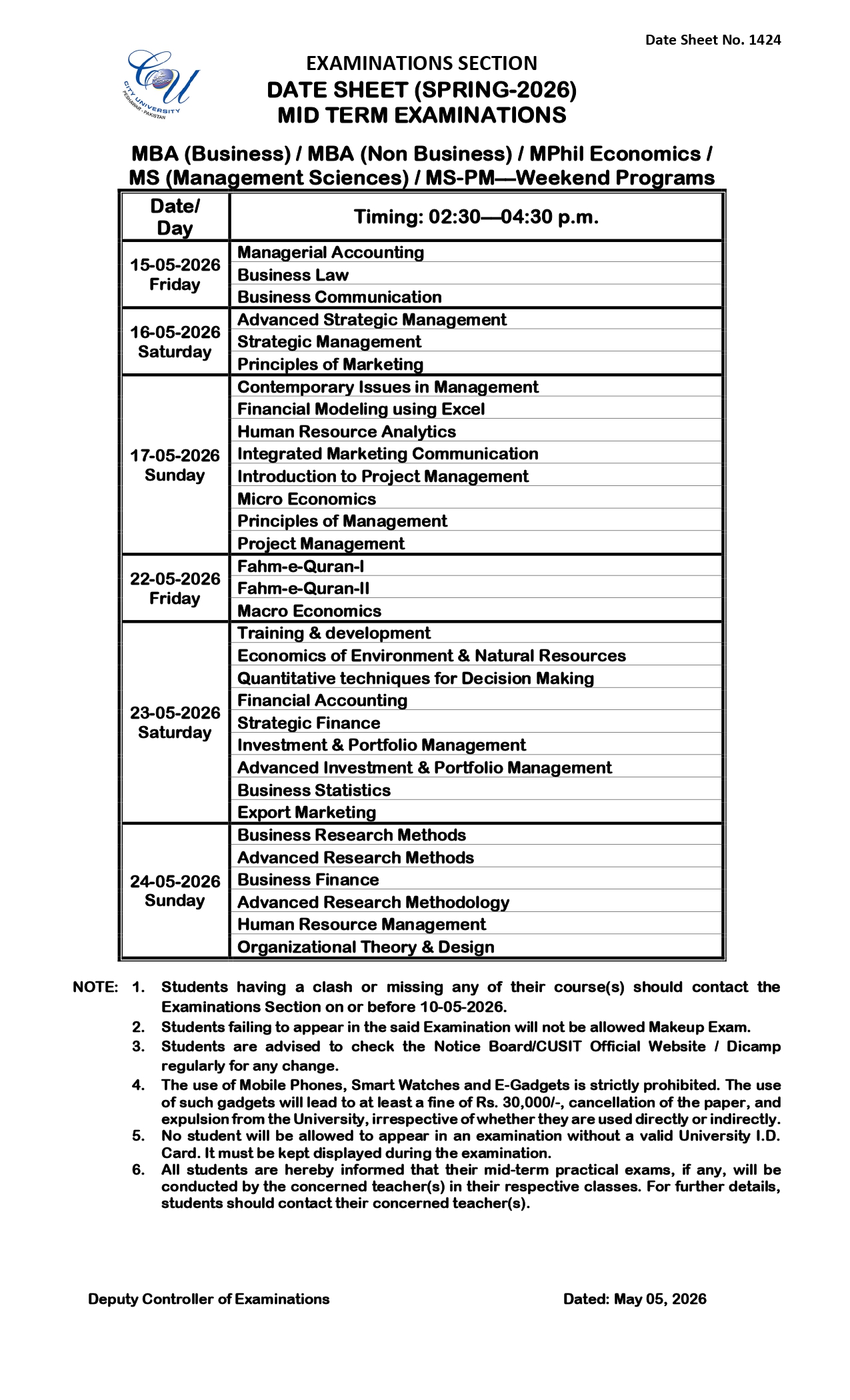 CUSIT Date Sheet 2026 Released for MBA, MS & MPhil Exams