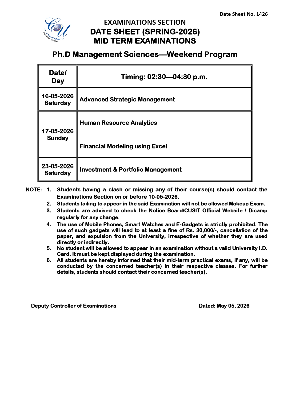CUSIT PhD Management & Computer Science Date Sheet 2026 Released