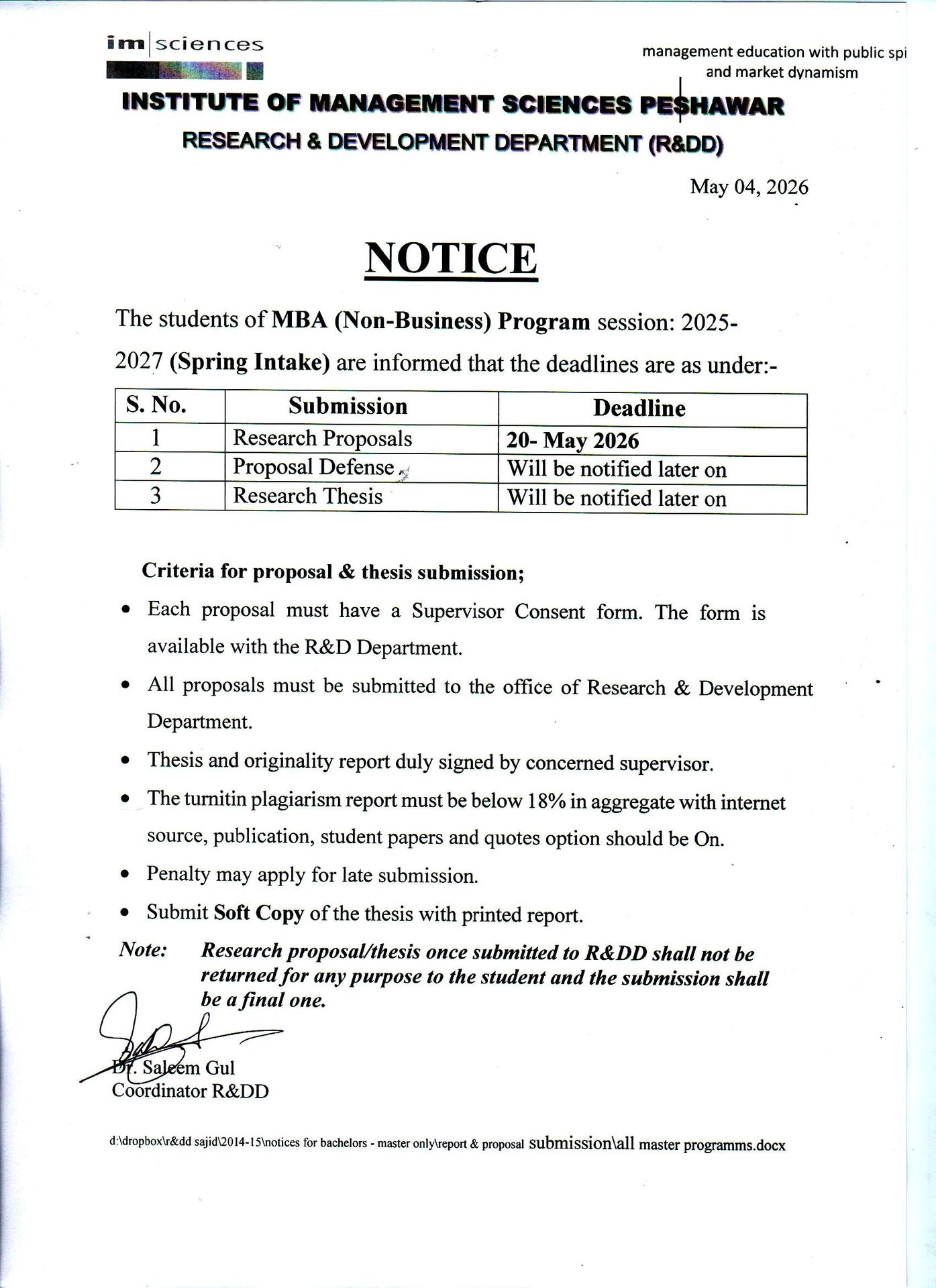 IMS Proposal & Thesis Submission Notice 2026 for MBA Students Released