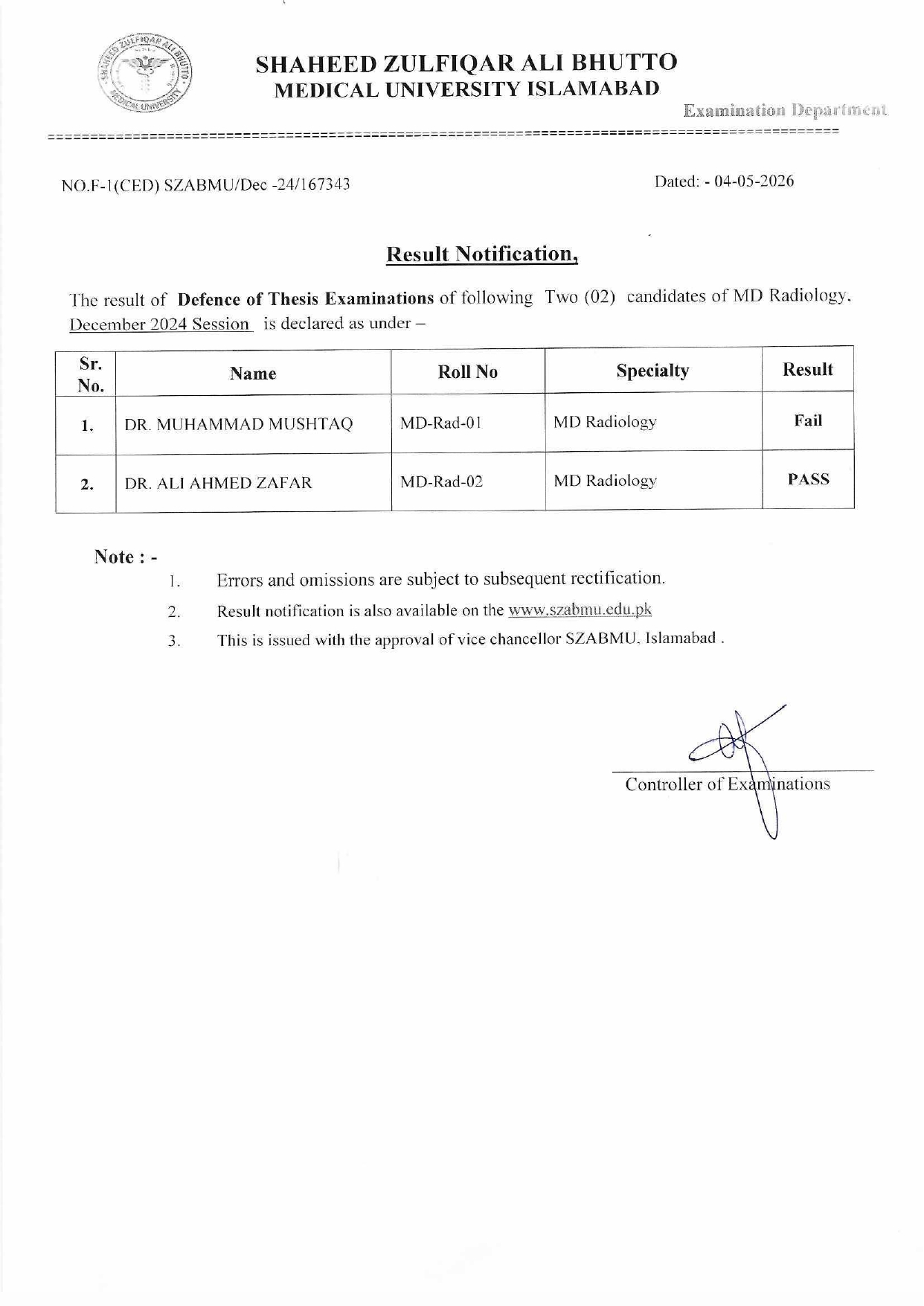 SZABMU MD Radiology Thesis Defence Result 2026 Released